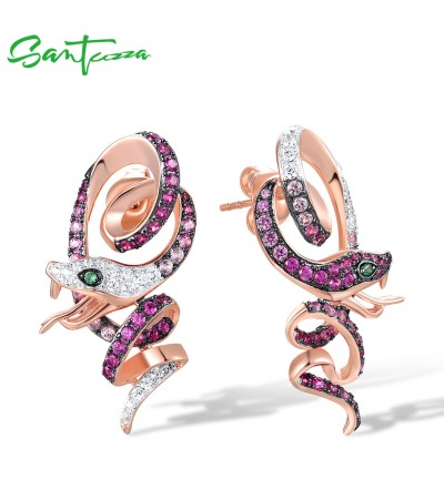 SANTUZZA 925 Sterling Silver Stud Earrings Created Sapphire Ruby Snake Animal Fine Jewelry