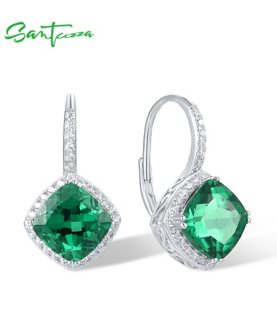 SANTUZZA 925 Sterling Silver Earrings For Women White CZ Green Spinel Fine Jewelry - Green Stones/Silver Color