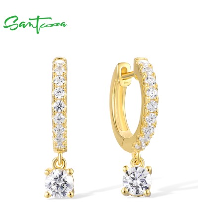 SANTUZZA 925 Sterling Silver Hoop Earrings White CZ Yellow Gold Plating Fine Jewelry