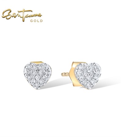 SANTUZZA 14K 585 Yellow Gold Earrings Sparkling Diamond Heart Simple Elegant Fine Jewelry