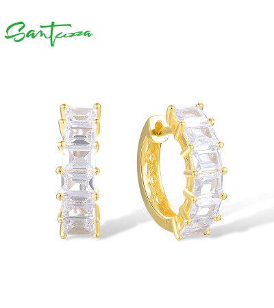 SANTUZZA 925 Sterling Silver Hoop Earrings White Cubic Zirconia Simple Style Jewelry
