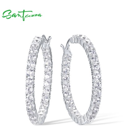 SANTUZZA 925 Sterling Silver Hoop Earrings White CZ Glimmer Inter Outer Fine Jewelry