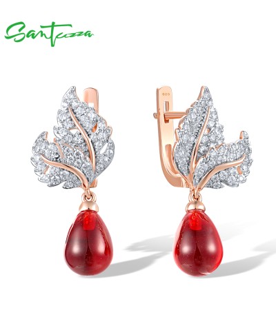 SANTUZZA 925 Sterling Silver Drop Earrings White CZ Red Stone Leaf Fine Jewelry