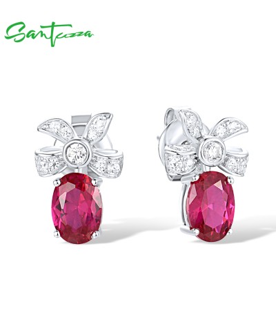 SANTUZZA 925 Sterling Silver Stud Earrings White CZ Created Ruby Jewelry