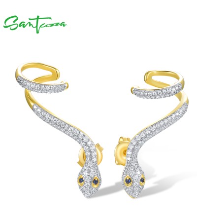 SANTUZZA 925 Sterling Silver Serpentine Snake Earrings Blue White CZ Pierce Animal Jewelry