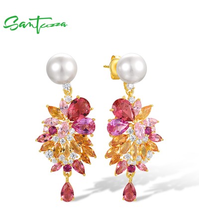 SANTUZZA 925 Sterling Silver Drop Earrings Multi-Color Gemstone Fine Jewelry