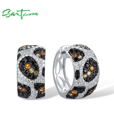 SANTUZZA 925 Sterling Silver Hoop Earrings White Black Spinel Yellow Crystal Leopard Jewelry