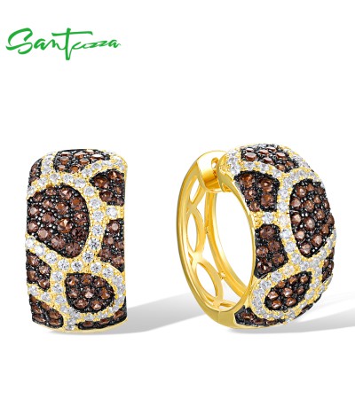 SANTUZZA 925 Sterling Silver Loop Earrings White CZ Brown Spinel Leopard Print Classical Jewelry