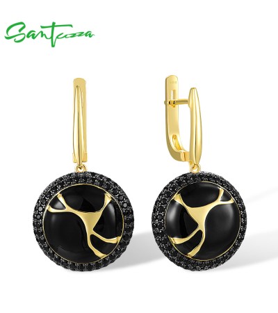 SANTUZZA 925 Silver Dangling Earrings Sterling Silver Black Spinel Yellow Plated Oriental Enamel Jewelry