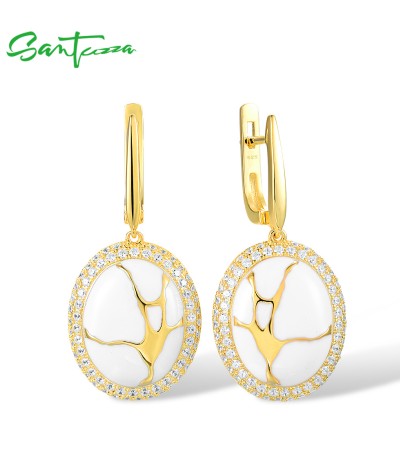 SANTUZZA 925 Silver Dangling Earrings White CZ Yellow Plated Latch Back Oriental Fine Jewelry