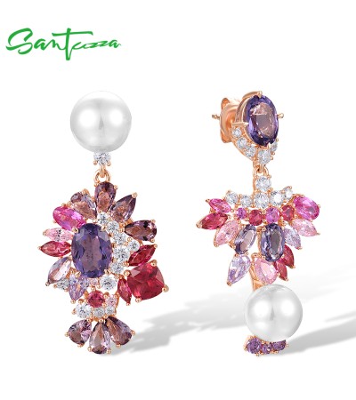 SANTUZZA 925 Sterling Silver Drop Earrings Multi Gems Cluster Pink Purple Fine Jewelry