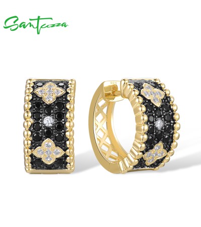 SANTUZZA 925 Sterling Silver Hoop Earrings White CZ Black Spinel Flower Fine Jewelry
