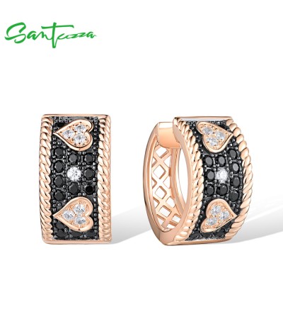SANTUZZA 925 Sterling Silver Hoop Earrings White Cubic Zirconia Black Spinel Heart Jewelry