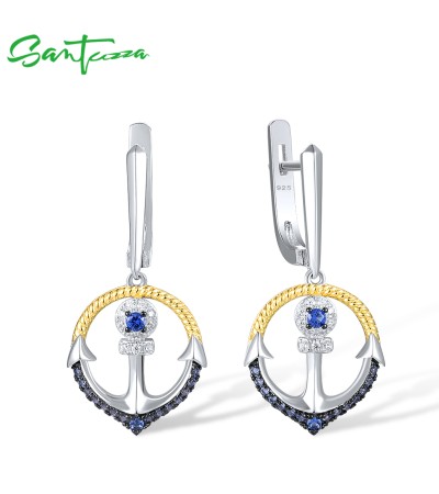 SANTUZZA 925 Sterling Silver Earrings Blue Nano White CZ Anchor Fine Jewelry
