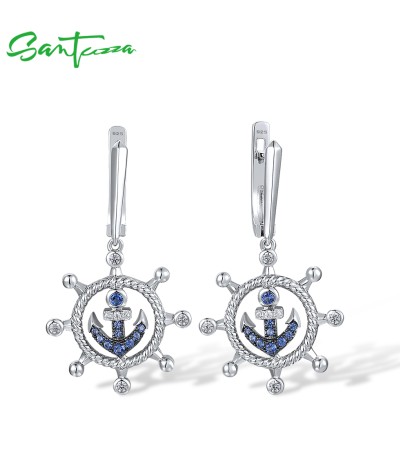 SANTUZZA 925 Sterling Silver Earrings Blue Nano White Cubic Zirconia Rudder Anchor Fine Jewelry