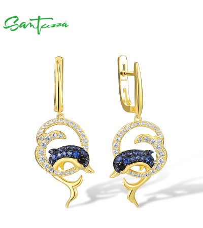 SANTUZZA 925 Sterling Silver Dangling Earrings Blue Nano White CZ Black Spinel Dolphin Fine Jewelry