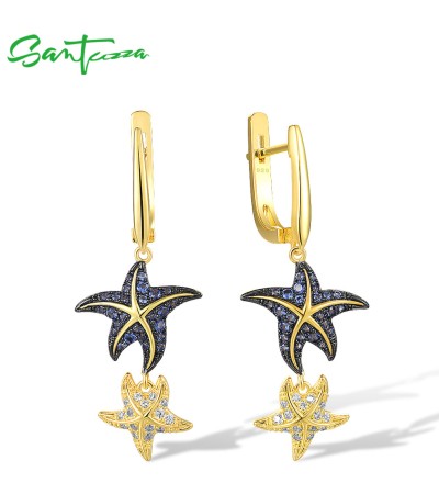SANTUZZA 925 Sterling Silver Dangling Earrings Blue Nano And White CZ Star Fish Fine Jewelry