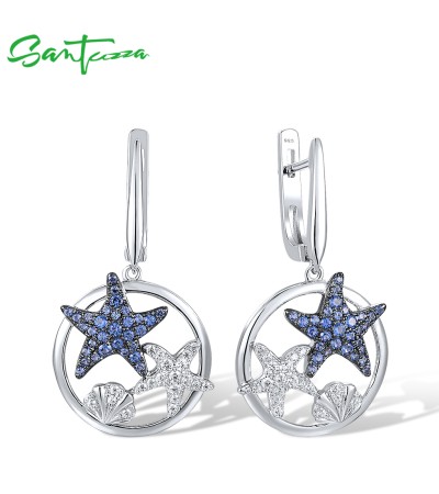 SANTUZZA 925 Sterling Silver Earrings Blue Nano White CZ Star Fish Sea Shell Ocean Fine Jewelry