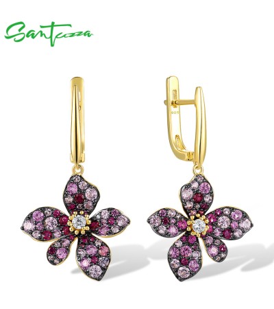 SANTUZZA 925 Sterling Silver Earrings Created Ruby Pink Sapphire White CZ Jewelry