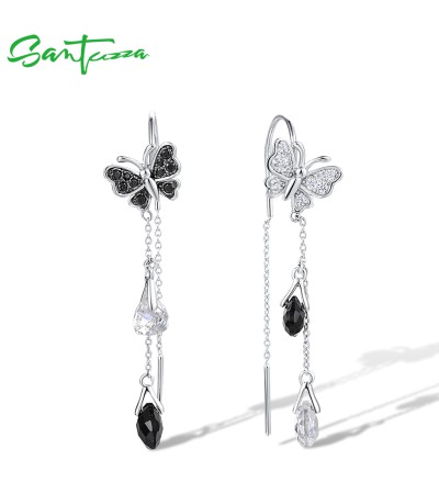 SANTUZZA 925 Sterling Silver Earrings White CZ Black Spinel Butterfly Swing Thread Jewelry