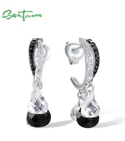SANTUZZA 925 Sterling Silver Stud Earrings White CZ Black Spinel Dangling Fine Jewelry