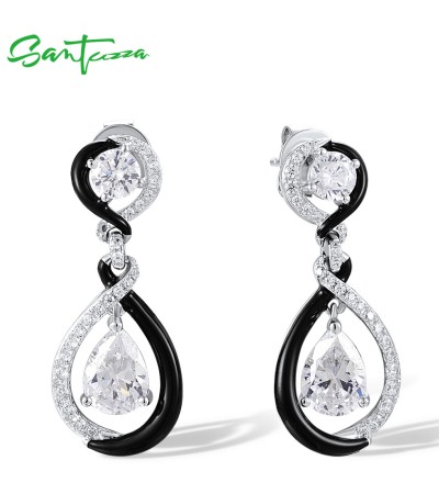SANTUZZA 925 Sterling Silver Stud Earrings White CZ Black Spinel Dangling Fine Jewelry