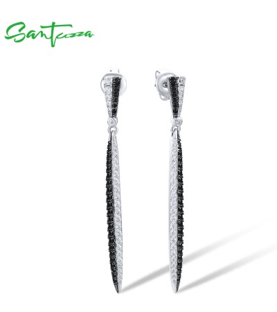 SANTUZZA 925 Sterling Silver Earrings White CZ Black Spinel Long Jewelry