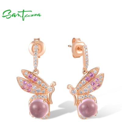 SANTUZZA 925 Sterling Silver Earrings Created Pink Sapphire White CZ Insect Jewelry