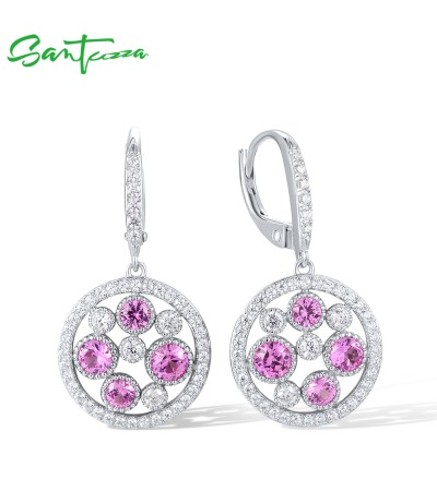 SANTUZZA 925 Sterling Silver Hook Earrings White CZ Created Pink Sapphire Jewelry