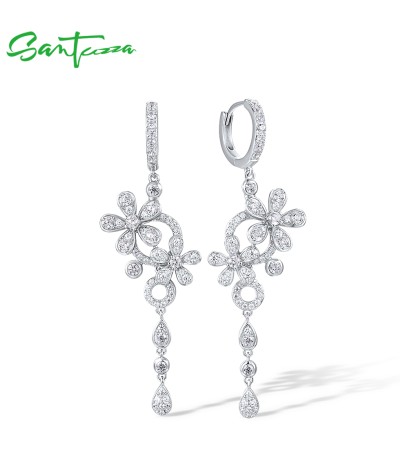 SANTUZZA 925 Sterling Silver Hoop Earrings White Cubic Zirconia Flower Fine Jewelry