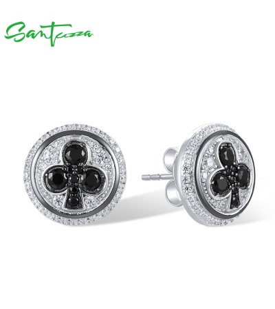 SANTUZZA 925 Sterling Silver Stud Earrings White Cubic Zirconia Black Spinel Round Jewelry