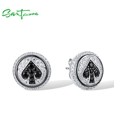 SANTUZZA 925 Sterling Silver Stud Earrings White Cubic Zirconia Black Heart Jewelry