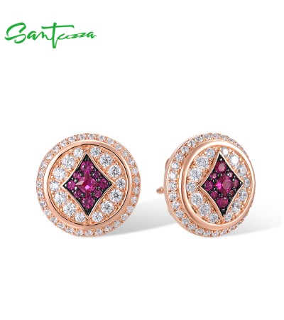 SANTUZZA 925 Sterling Silver Earrings Studs White CZ Created Ruby Jewelry