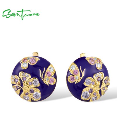 SANTUZZA 925 Sterling Silver Earrings Shiny Pink Blue Stone Butterfly Flower Jewelry Enamel