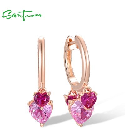 SANTUZZA 925 Sterling Silver Drop Earrings Created Ruby Pink Heart Hoop Fine Jewelry