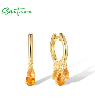 SANTUZZA 925 Sterling Silver Dangling Earrings Yellow Gems Hoop Jewelry