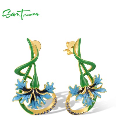 SANTUZZA 925 Sterling Silver Dangling Earrings Blue Stone Green Flower Enamel Jewelry