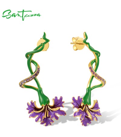 SANTUZZA 925 Sterling Silver Stud Earrings Purple Flower Created Spinel Green Enamel Jewelry