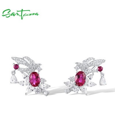 SANTUZZA 925 Sterling Silver Earrings Climber Created Ruby White CZ Jewelry