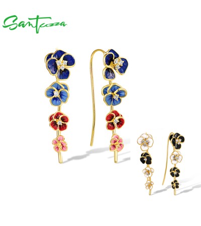 SANTUZZA 925 Sterling Silver Earrings Muti-Color Enamel Flower Climber Delicate Gifts Fine Jewelry - Blue  Enamel