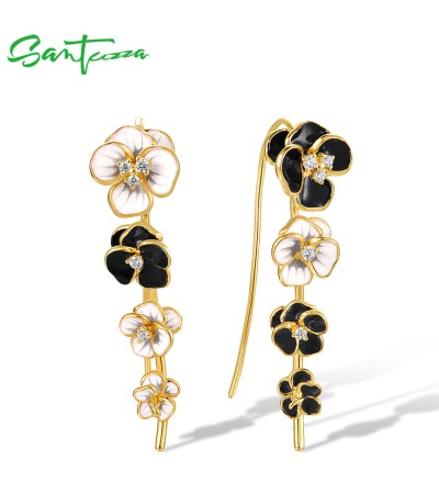 SANTUZZA 925 Sterling Silver Earrings Muti-Color Enamel Flower Climber Delicate Gifts Fine Jewelry - Black  Enamel