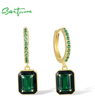SANTUZZA 925 Sterling Silver Earrings Green Spinel Square Enamel Dangling Fine Jewelry