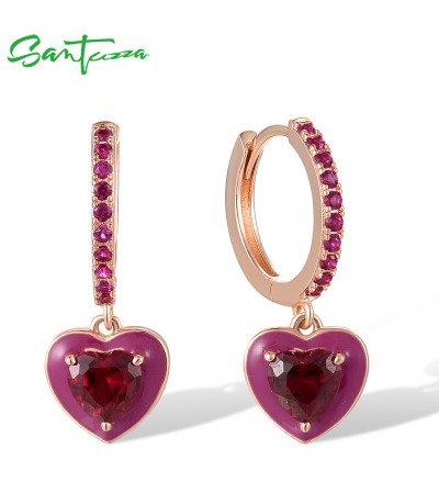 SANTUZZA 925 Sterling Silver Hoop Earrings Created Ruby Heart Enamel Fine Jewelry