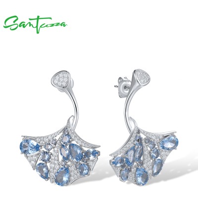 SANTUZZA 925 Sterling Silver Earrings Sky Blue Spinel White CZ Vivid Leaf Jewelry