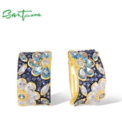 SANTUZZA 925 Sterling Silver Earrings Sparkling Blue Spinel Flower Jewelry