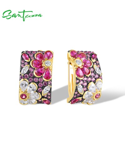 SANTUZZA 925 Sterling Silver Earrings Sparkling Red Spinel Flower Jewelry