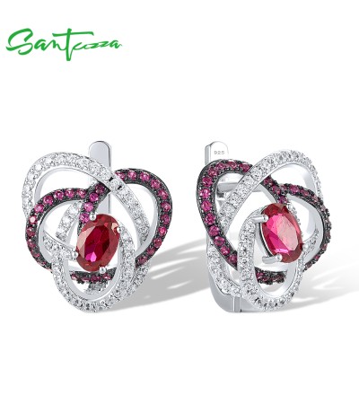 SANTUZZA 925 Sterling Silver Earrings Created Ruby White CZ Delicate Red Jewelry