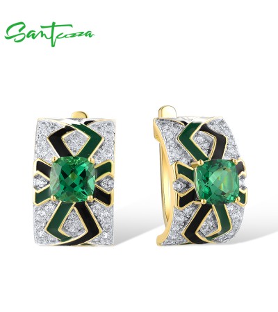 SANTUZZA 925 Sterling Silver Earrings Green Spinel Enamel Solitaire Jewelry