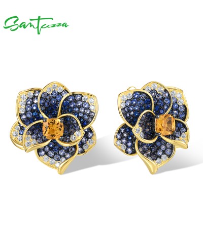 SANTUZZA 925 Sterling Silver Earrings Blue Spinel Yellow Crystal Blooming Flower Fine Jewelry