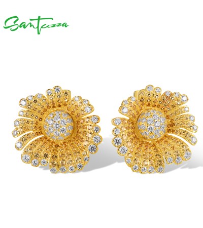 SANTUZZA 925 Sterling Silver Earrings Yellow Nano Crysta White CZ Sun Flower Earrings Jewelry